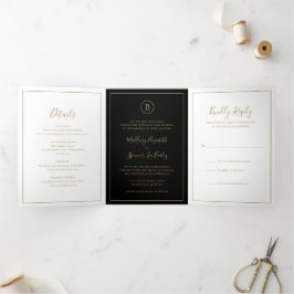 Convite Com Dobra Tripla Casamento Tradicional Preto e Dourado Elegante
