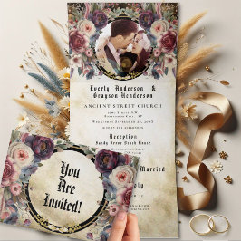 Convite Com Dobra Tripla Casamento TriDobra Flor de Rosa Medieval Elegante