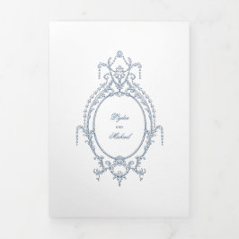 Convite Com Dobra Tripla Casamento Tripartido Barroco com Ornamentado Azul 