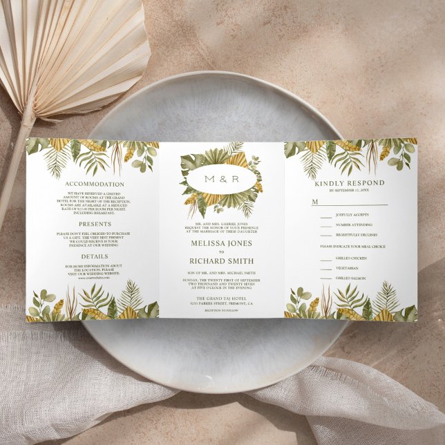 Convite Com Dobra Tripla Casamento Tropical Boho Folhas de Palmeira Secas T (Criador carregado)