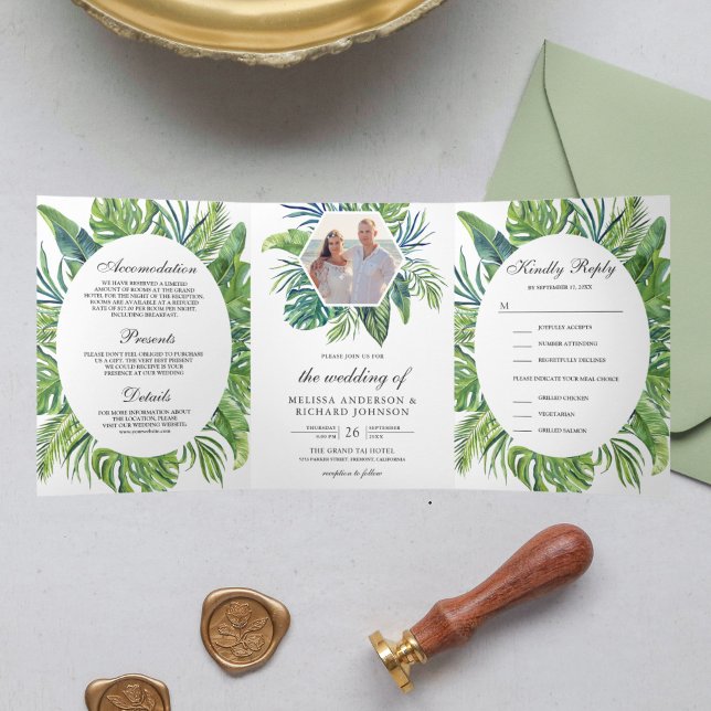 Convite Com Dobra Tripla Casamento Tropical Monstera Folhas de Palmeira Tud (Criador carregado)