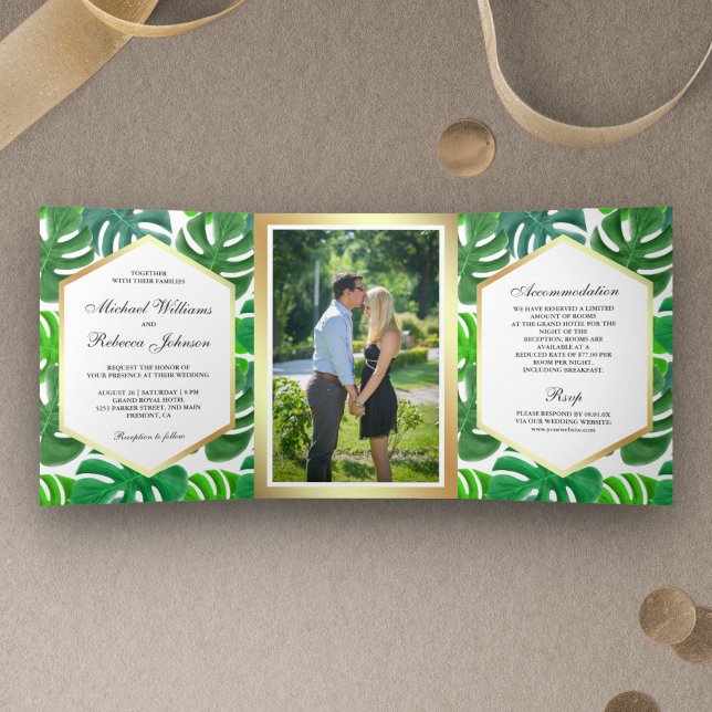 Convite Com Dobra Tripla Casamento Tropical Monstera Hexágono Verde e Branc (Criador carregado)