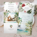 Convite Com Dobra Tripla Casamento Tropical Palm Tree Beach<br><div class="desc">Possui um verde aquoso exótico e flores em um fundo oceânico macio. Ponha o tom para um excitante fim de semana com um convite itinerário personalizado. Este convite para a "sala" é uma forma excelente de dar aos seus convidados informações adicionais sobre o casamento. Estas cartas podem listar as festividades...</div>