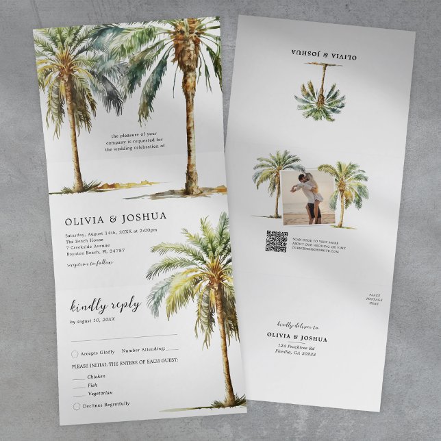 Convite Com Dobra Tripla Casamento Tropical Palm Tree Beach (Criador carregado)