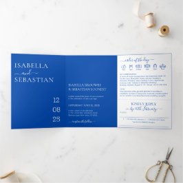 Convite Com Dobra Tripla Casamento Tudo-em-Um Azul Cobalto