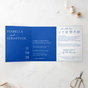 Convite Com Dobra Tripla Casamento Tudo-em-Um Azul Cobalto