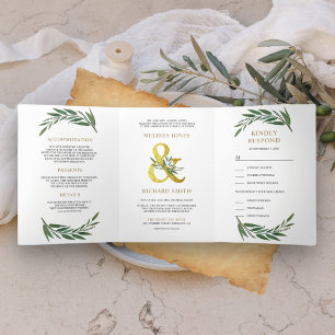 Convite Com Dobra Tripla Casamento Tudo em Um com Ampersand Dourado e Ramo 