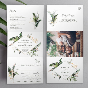 Convite Com Dobra Tripla Casamento Verde Da Folhagem Tropical Tudo Em Um Ún