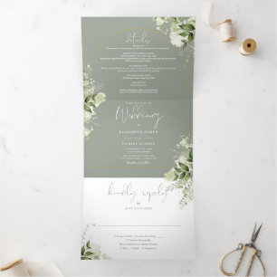 Convite Com Dobra Tripla Casamento Verde de Greenery Dourado Arch Foto Sage
