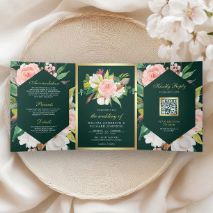 Convite Com Dobra Tripla Casamento Verde Esmeralda Código QR Dourado Floral