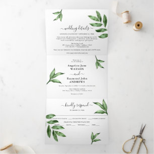 Convite Com Dobra Tripla Casamento Verde Pintado com Aquarela Natural