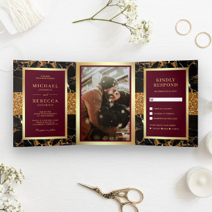 Convite Com Dobra Tripla Casamento Vermelho Burgundy Dourado Mármore Preto