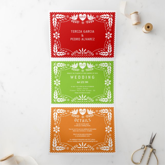 Convite Com Dobra Tripla Casamento vermelho, verde, laranja papel picado lo (Dentro)
