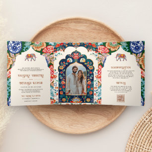 Convite Com Dobra Tripla Casamento Vibrante de Elefantes Folclóricos Indian