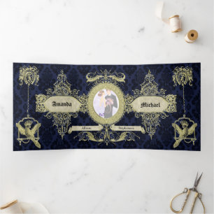 Convite Com Dobra Tripla Casamento vintage do ornamentado Azul Damasco