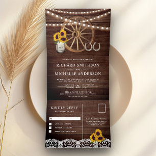 Convite Com Dobra Tripla Casamento Western Ferradura Girassóis Madeira Rúst