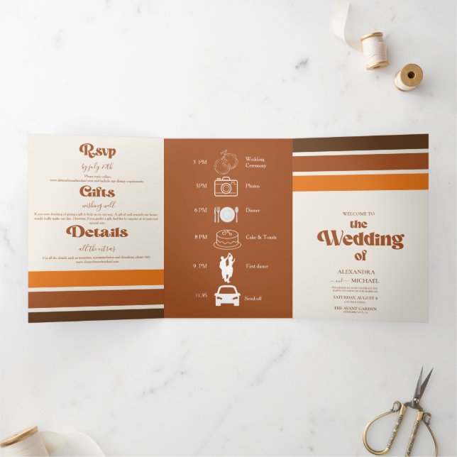 Convite Com Dobra Tripla Casamento Whimsical Elegante Terracotta (Dentro)