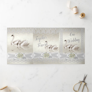 Convite Com Dobra Tripla Casamento White Swans Cream Pearl Lace Damask 3
