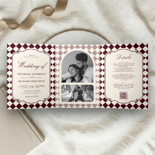 Convite Com Dobra Tripla Casamento Xadrez Marfim Antigo Vintage Money Burgu