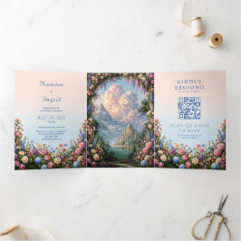 Convite Com Dobra Tripla Castelo de Conto de Fadas com Wisteria Rosa no Cas