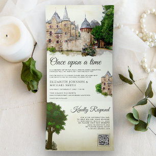 Convite Com Dobra Tripla Castelo de Conto de Fadas Rústico Código QR Casame