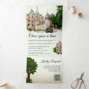 Convite Com Dobra Tripla Castelo de Conto de Fadas Rústico Código QR Casame