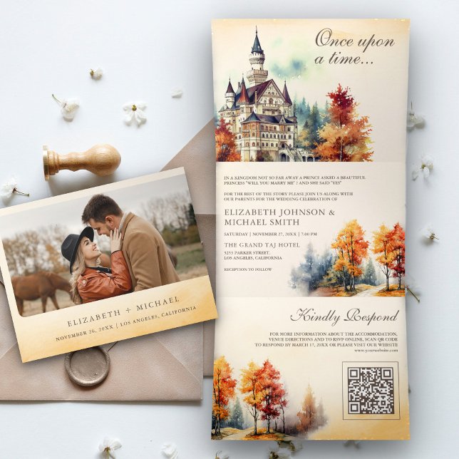 Convite Com Dobra Tripla Castelo de Conto de Fadas Rústico Código QR Livro  (Criador carregado)