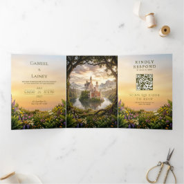 Convite Com Dobra Tripla Castelo de Contos de Fadas no Casamento na Ilha Ne