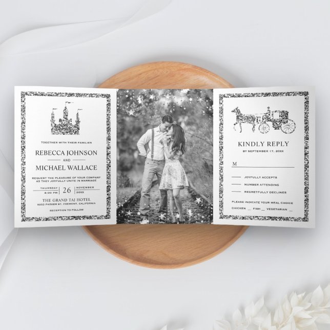 Convite Com Dobra Tripla Castelo de Fadas Prata Princesa Carruagem Casament (Criador carregado)