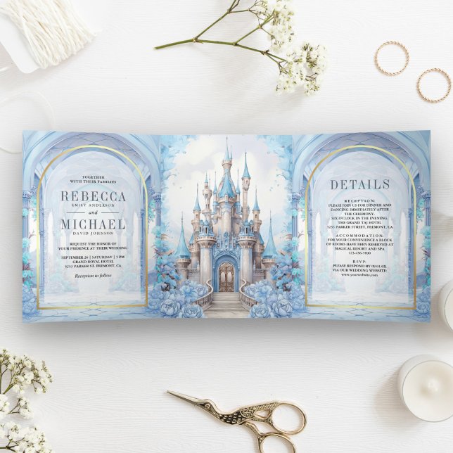 Convite Com Dobra Tripla Castelo de Fairytale Floral Azul Tudo em Um Casame (Criador carregado)