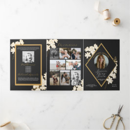 Convite Com Dobra Tripla Celebração Obituária de Flores Brancas Fotográfica