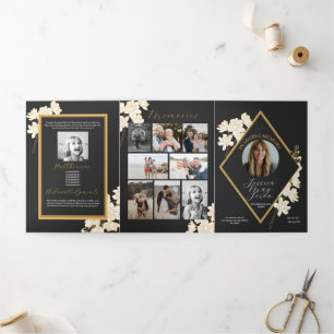 Convite Com Dobra Tripla Celebração Obituária de Flores Brancas Fotográfica