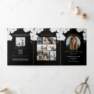 Convite Com Dobra Tripla Celebração Obituária de Flores de Foto da Vida Bra