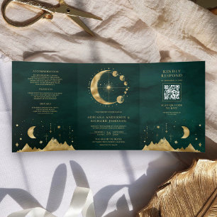Convite Com Dobra Tripla Celestial Esmeralda Dourada Fase da Lua Casamento