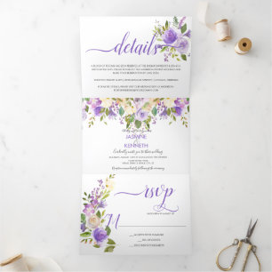 Convite Com Dobra Tripla Champanhe de Lavanda roxa Floral