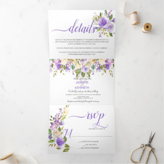 Convite Com Dobra Tripla Champanhe de Lavanda roxa Floral