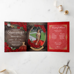 Convite Com Dobra Tripla Charro Rosa vermelha Dourado Adicione Suas Fotogra