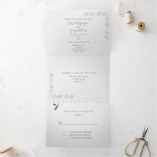 Convite Com Dobra Tripla Chic Branco com Flores em Verde-Azul Casamento Tud