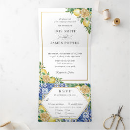 Convite Com Dobra Tripla Chic Lemon Floral Greenery Dourado Casamento RSVP