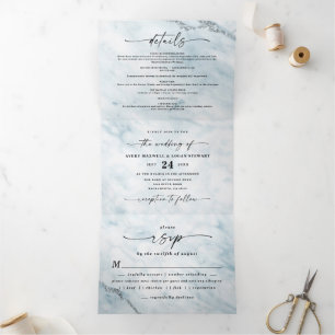 Convite Com Dobra Tripla Chic Powder Blue Marble com Casamento de Folha de 