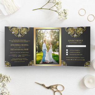 Convite Com Dobra Tripla Cinza e Dourado Mandala Tradicional Casamento Indi