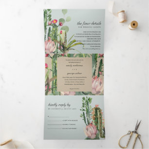 CONVITE COM DOBRA TRIPLA CINZA KRAFT FLORAL CACTI FOLIAGE WATERCOLOR WEDTIN