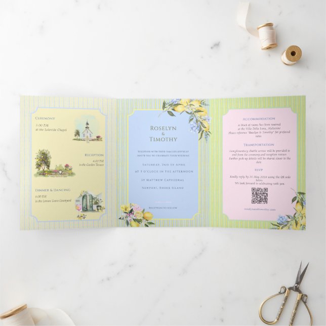 Convite Com Dobra Tripla Citrus Blue Watercolor Illustration Wedding (Dentro)