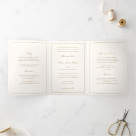 Convite Com Dobra Tripla Classic Border Ivory and Gold Timeless Wedding