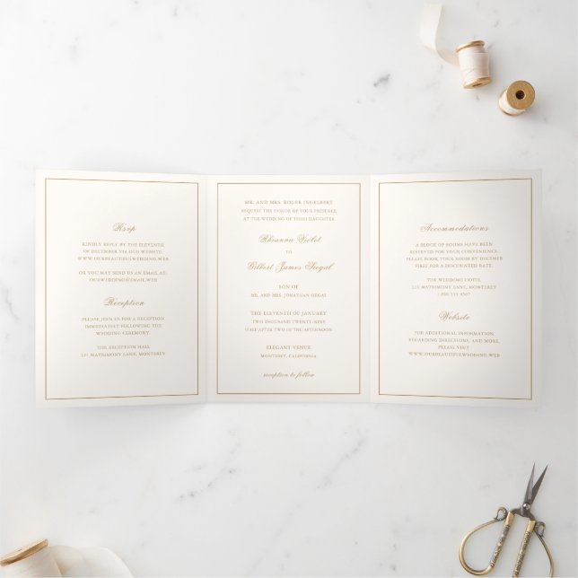Convite Com Dobra Tripla Classic Border Ivory and Gold Timeless Wedding (Dentro)