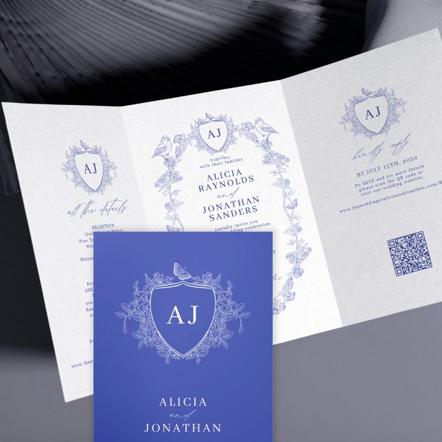 Convite Com Dobra Tripla Classic royal blue French floral QR code wedding (Criador carregado)