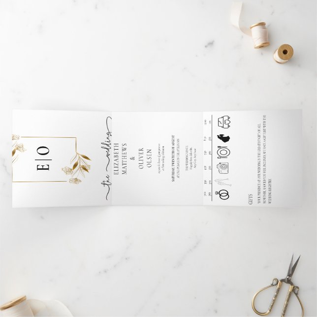 Convite Com Dobra Tripla Clássico Moderno Tradicional | Casamento branco pr (Dentro)