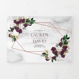 Convite Com Dobra Tripla Cobre Geométrico Marble Plum Burgundy Floral