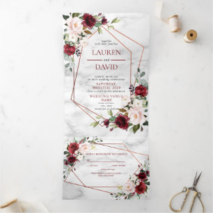 Convite Com Dobra Tripla Cobre Marble Geométrico Burgundy Floral
