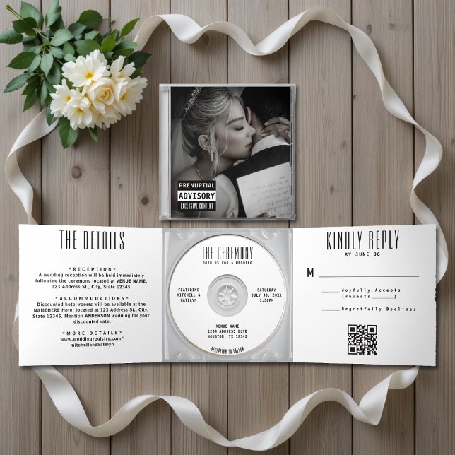 Convite Com Dobra Tripla Cobrir de álbum de Música CD Casando Tudo em Um (Music CD Album Cover Wedding All In One Tri-Fold Invitation
)